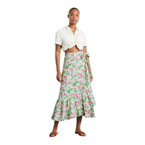 Hill House Ruffled Wrap Mirabel Skirt Pink Roses Midi Cotton XS NWT Skirt Only